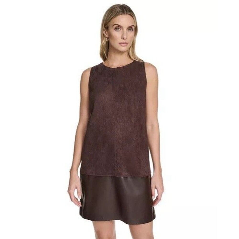 CALVIN KLEIN New Women’s Dress 6 Faux Suede Leather Panel Brown Sleeveless Shift